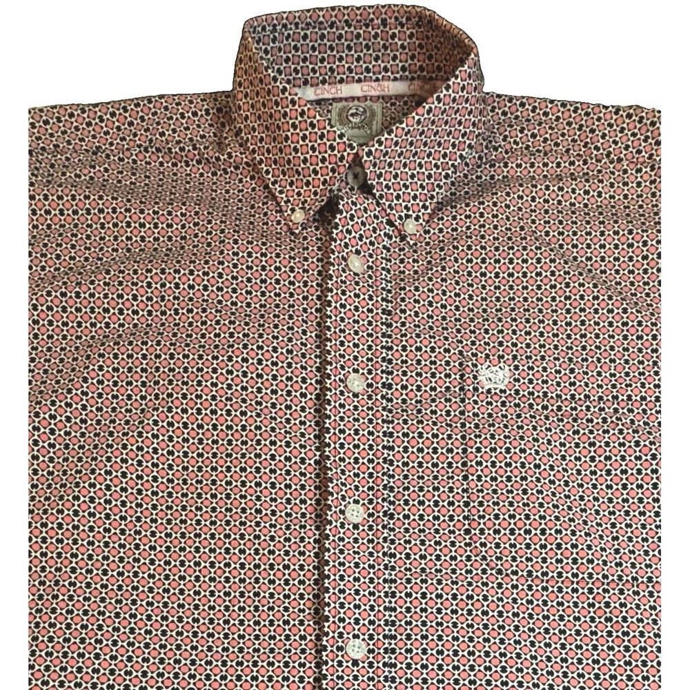 Cinch Mens Geometric Print Button Down Shirt Long Sleeve Coral BlackWhite Size M
